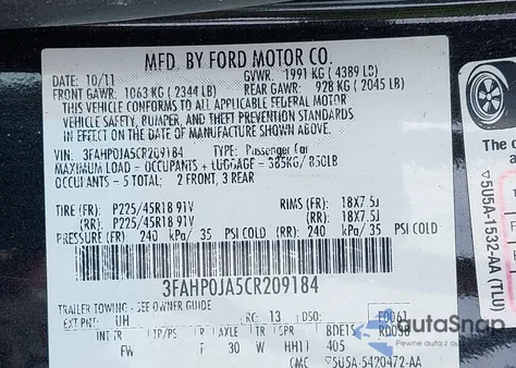 2012 Ford Fusion Sel из США, поврежденный, VIN 3FAHP0JA5CR209184